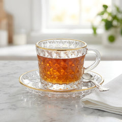 Unique Design Premium 6pcs Glass Tea Cup Set with Golden Rim &amp; Saucer ☕🍊