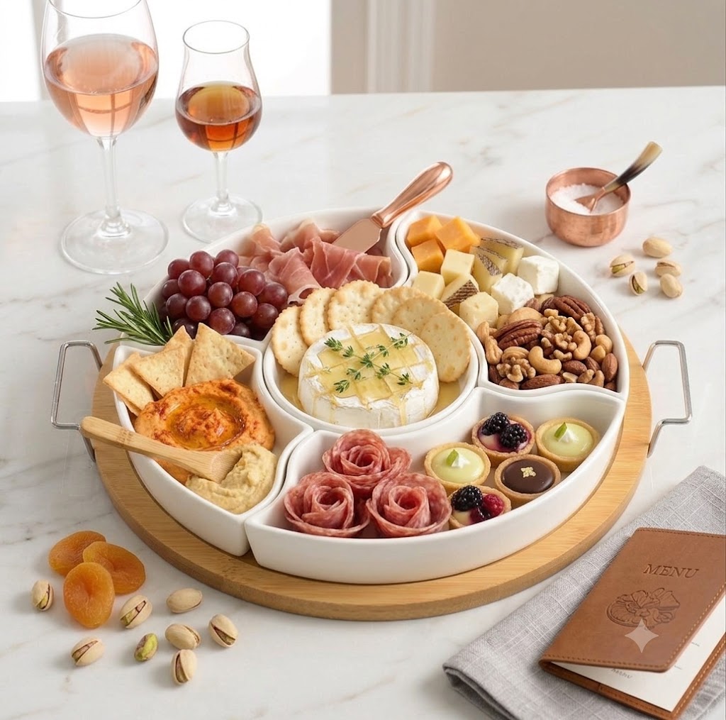 Luxury Imported Detachable Ceramic Snack &amp; Bhorta Serving Bowl Set with Wooden Tray – Elegant 6pcs Tableware Collection for Dry Fruits, Candy, Pickles &amp; Appetizers 🍥🍒🥯