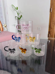 Ribbed Bow Glass Cup Set – Cute & Elegant Mini Mug 💗🎀💜