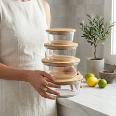 Round Shape Borosilicate Glass Food Storage Bowl Set with Natural Bamboo Wooden Lid ✨🍱