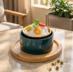 Mini Snack, Candy & Pastry Ceramic Bowl with Bamboo Holder & Glass Dome🧁🍡