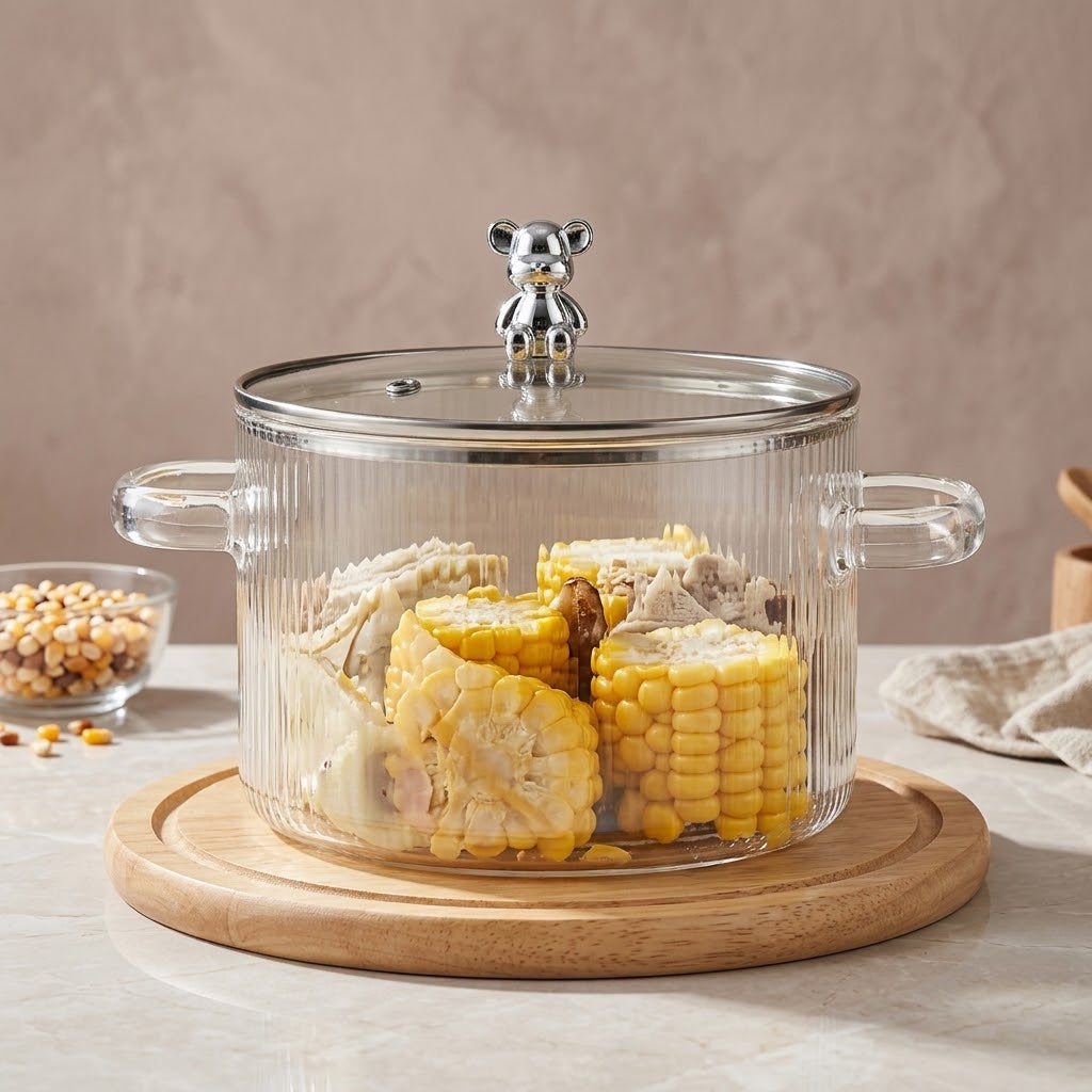 Bear Top Striped Golden Borosilicate Glass Casserole Pot ✨🔥