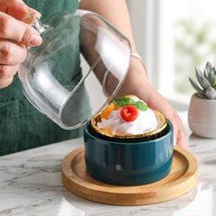 Mini Snack, Candy & Pastry Ceramic Bowl with Bamboo Holder & Glass Dome🧁🍡