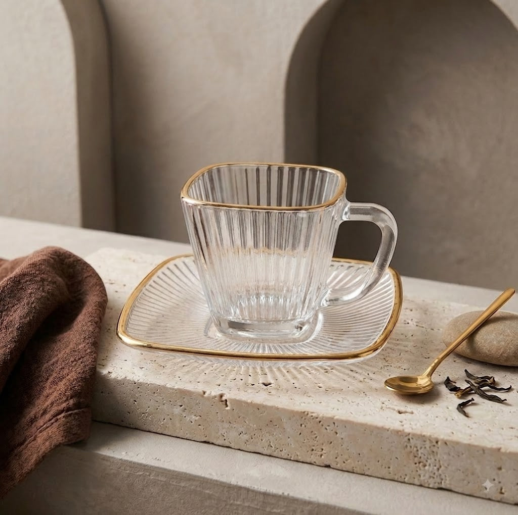 Aesthetic Striped Clear Glass Tea Serving Cup Set with Matching Saucers – Perfectly Designed for Elegant Home & Guest Serving ☕🌿