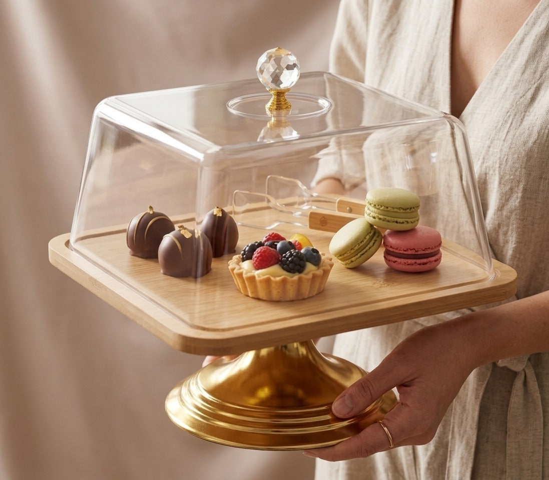 Premium Square Acrylic &amp; Wooden Cake Stand 🎂✨💚