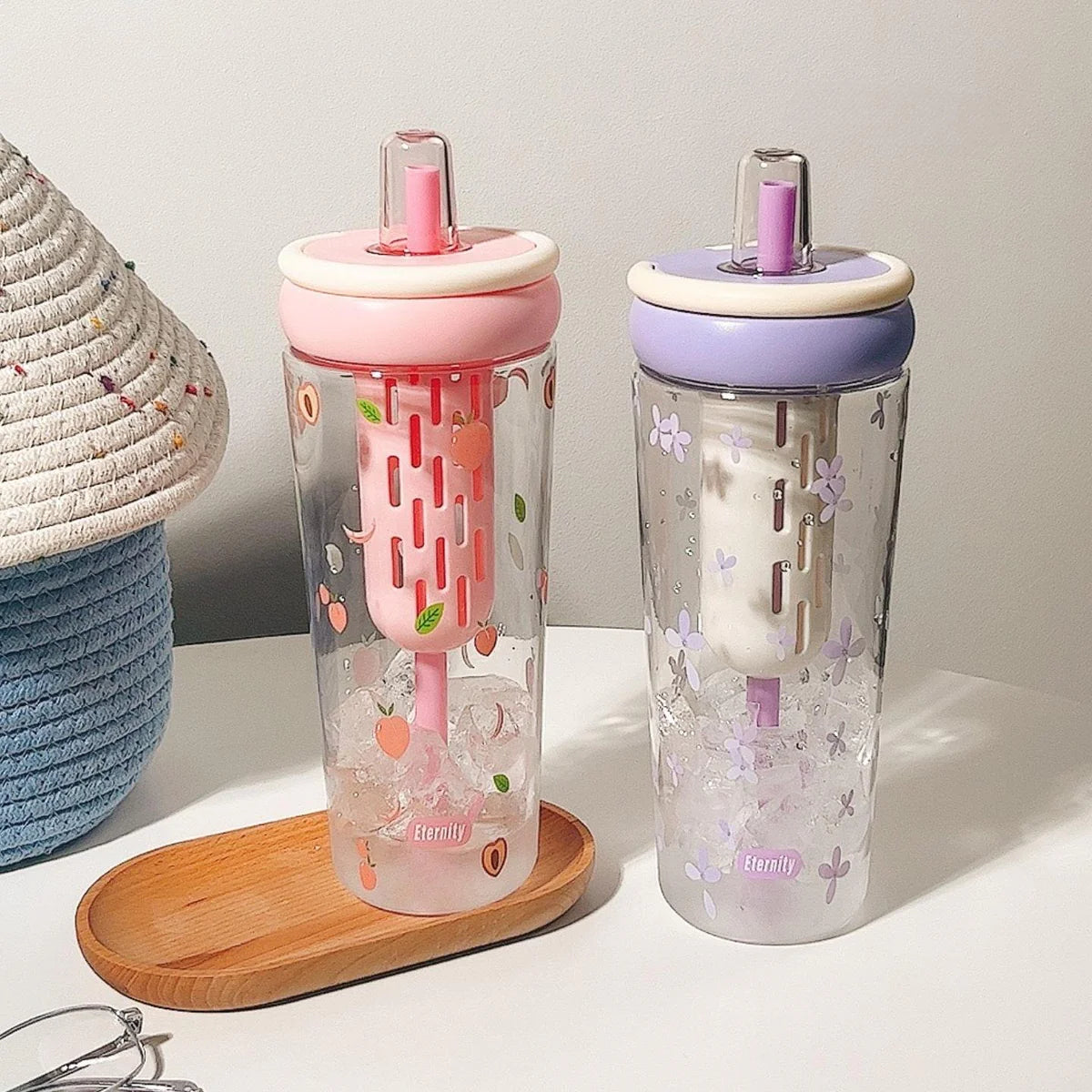 1000ml Cute Fruit & Flower Print Plastic Water Bottle with Straw – BPA-Free Leak-Proof Tumbler for Kids