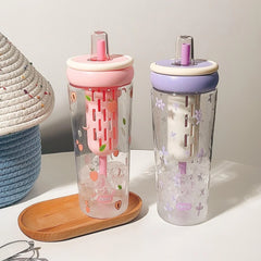 1000ml Cute Fruit & Flower Print Plastic Water Bottle with Straw – BPA-Free Leak-Proof Tumbler for Kids