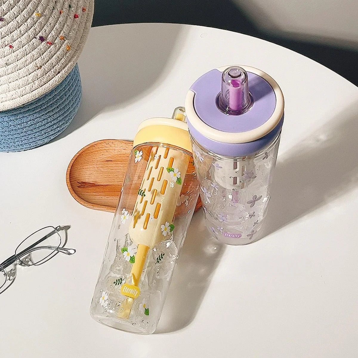 1000ml Cute Fruit & Flower Print Plastic Water Bottle with Straw – BPA-Free Leak-Proof Tumbler for Kids