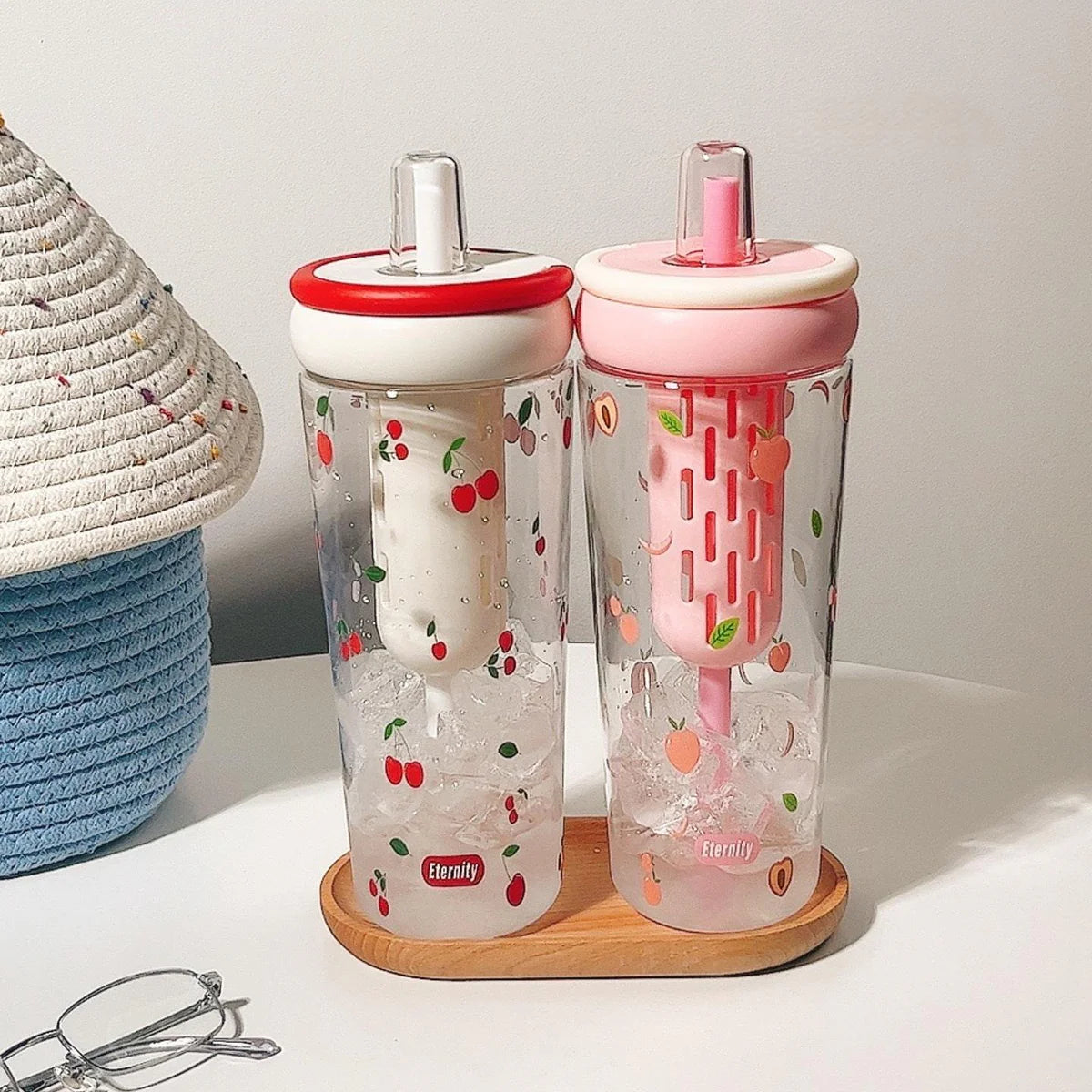 1000ml Cute Fruit & Flower Print Plastic Water Bottle with Straw – BPA-Free Leak-Proof Tumbler for Kids