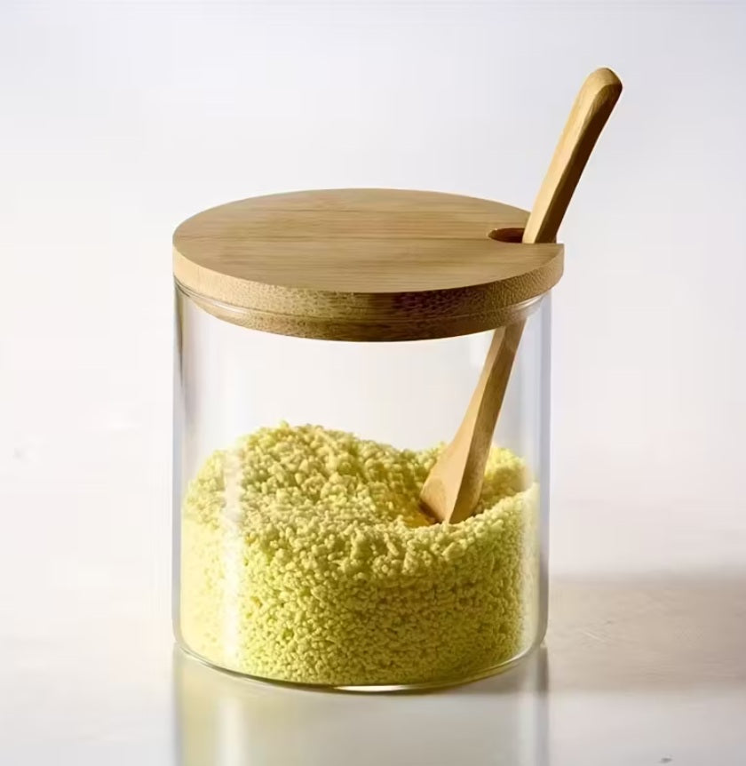 3pcs Fashion Condiment Jar Set, Storage Food, Decorative Storage Seasoning Glass Container Box, High Borosilicate Glass Jar with Bamboo Spoon Lid and Base for Home Kitchen