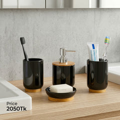 🖤🌿 Modern Black Ceramic & Bamboo Bathroom Accessories Set ✨