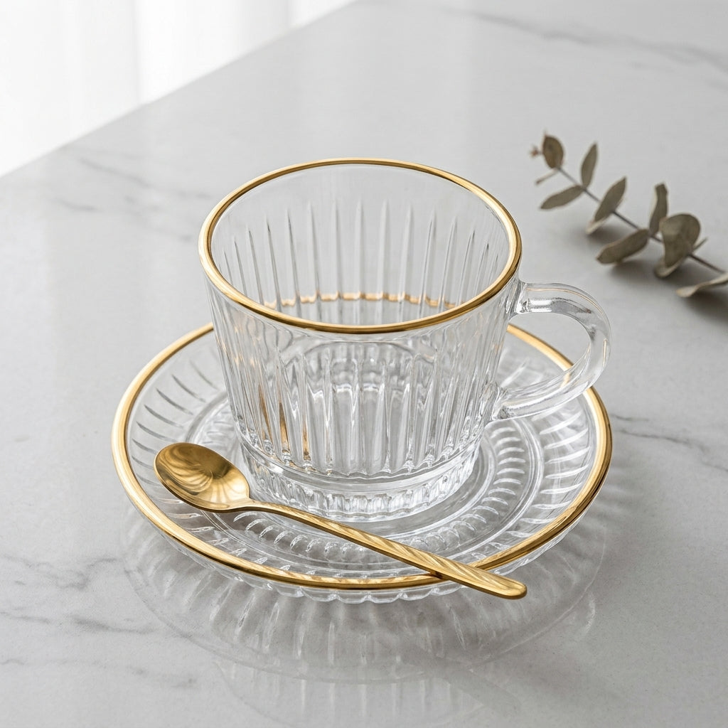 Premium 6pcs Clear Glass Tea Cup Set with Golden Rim &amp; Saucer ☕🍑