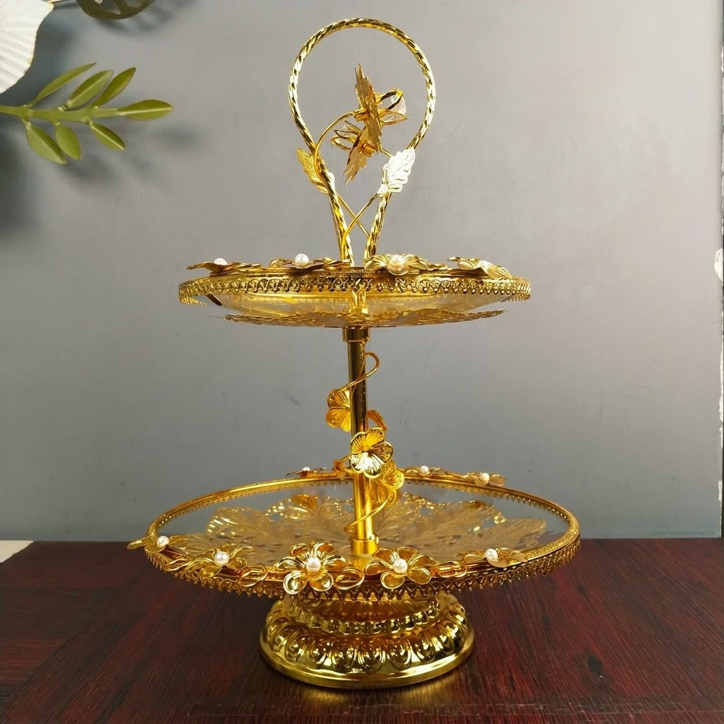 Royal Golden Cake Stand 2 Tier Glass Dessert Tray