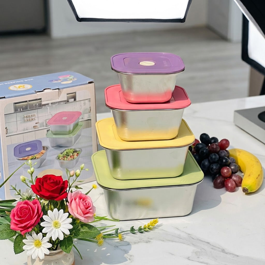 4PCS STAINLESS STEEL BOWL SET COLOURFULL LID