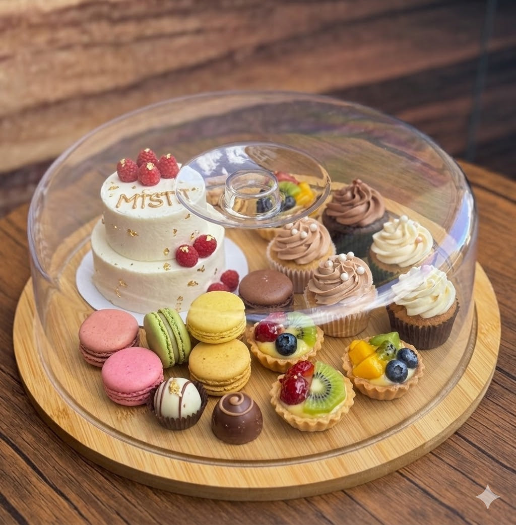 Luxury Bamboo Wooden Serving Tray with Acrylic Dome Lid For Cake Bread Sweet