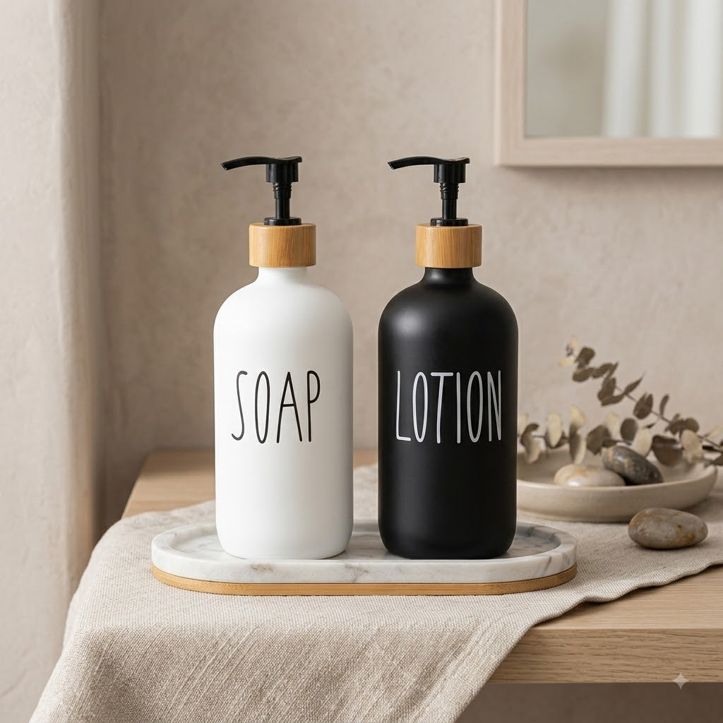 Premium Imported 2pc Glass Liquid Soap &amp; Lotion Dispenser Set with Elegant Wooden Holder – Perfect for Stylish Bathroom Sink Organization 🧴🫧