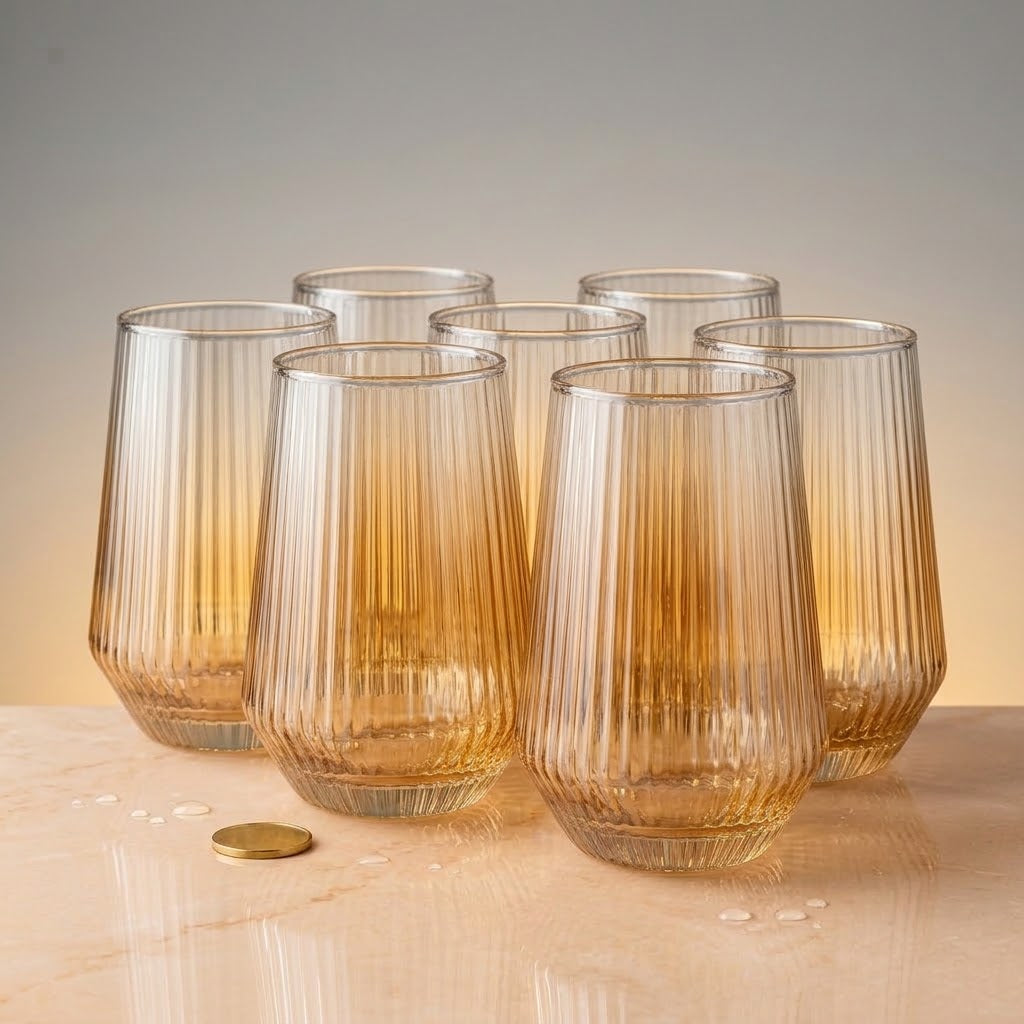 Amber Gold Ribbed Drinking Glass – Premium Glassware Collection ✨