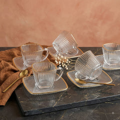 Aesthetic Striped Clear Glass Tea Serving Cup Set with Matching Saucers – Perfectly Designed for Elegant Home & Guest Serving ☕🌿