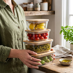 Square Shape Borosilicate Glass Bowl Set with Bamboo Wooden Lid – Premium Storage Meets Elegant Kitchen Style! 🌿✨