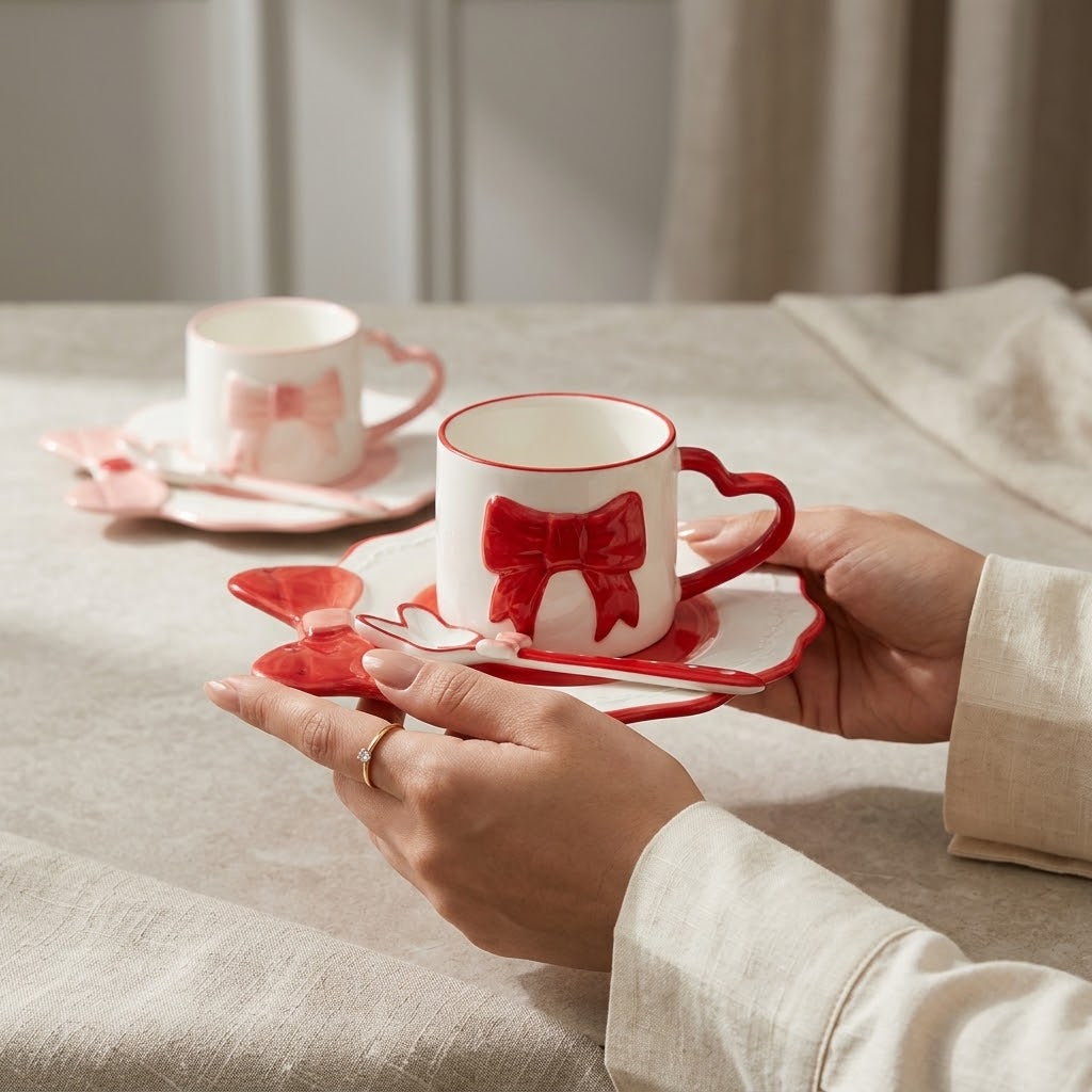 Cute 3D Bow Ceramic Cup &amp; Saucer Set with Spoon ☕🎀💗