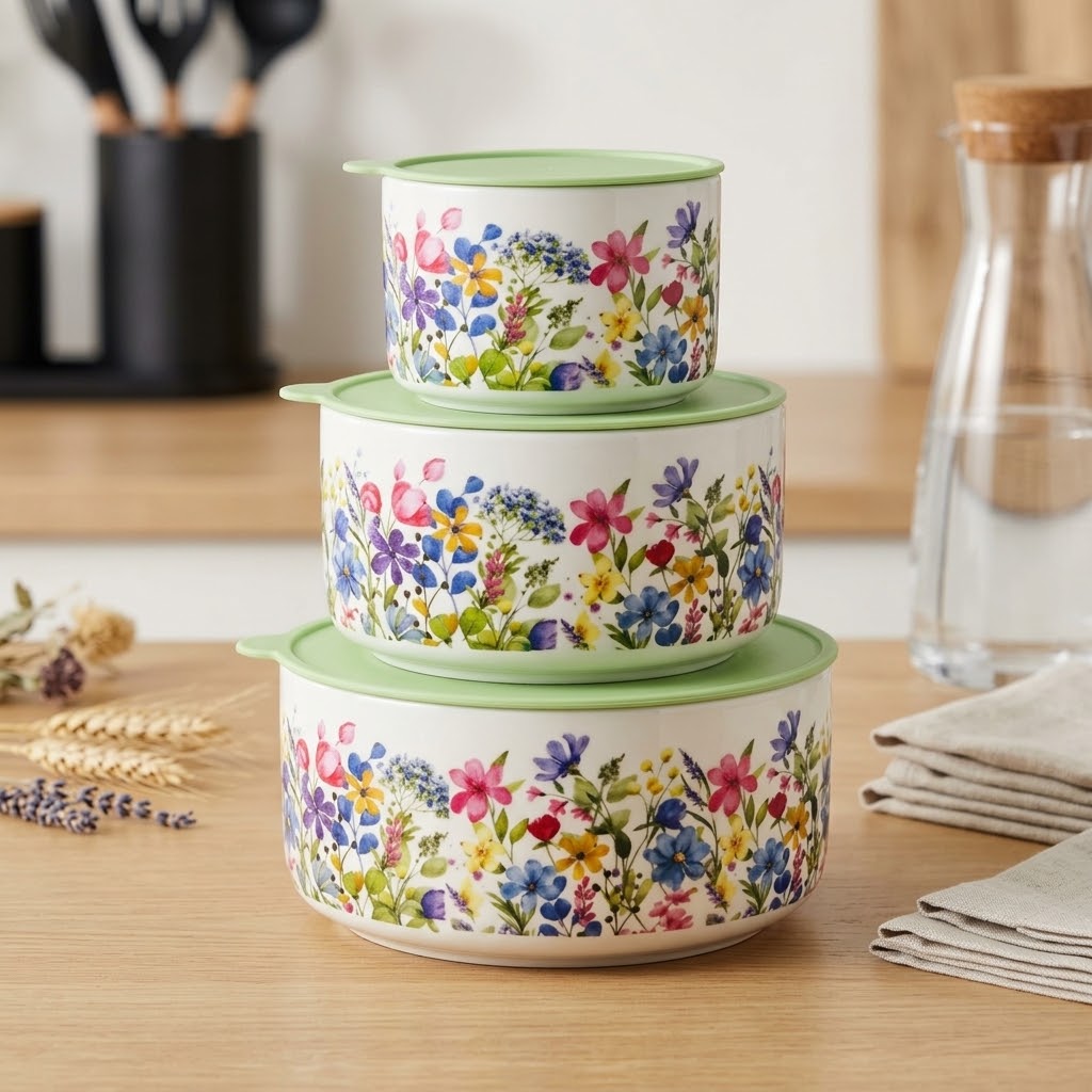 Floral Ceramic Storage Bowl Set with Airtight Lids ✨🌸