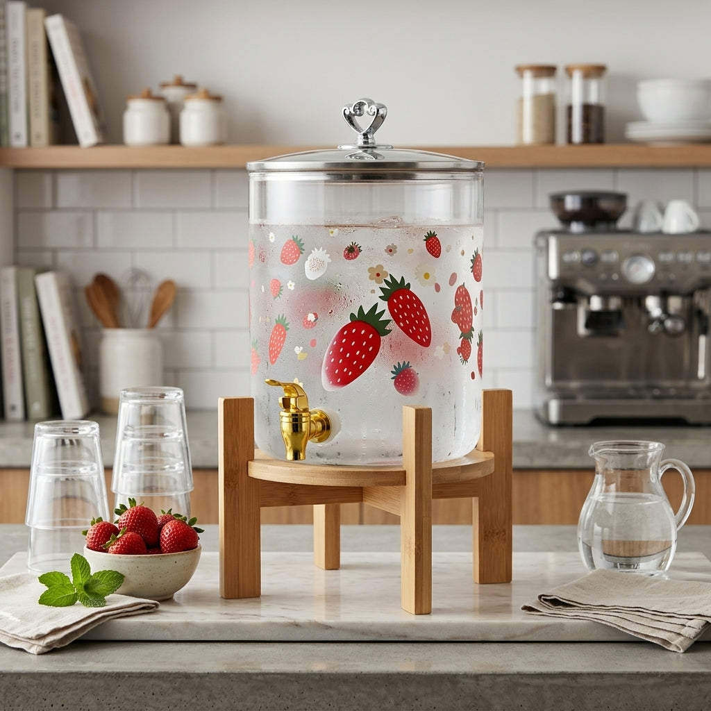 Premium Printed Glass Juice Dispenser with Elegant Wooden/Bamboo Stand – Perfect for Stylish Home &amp; Party Serving! 🌿🥤