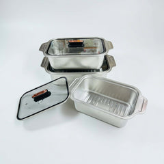 Ovenproof Stainless Steel Serving Dish with Temper Glass Lid Roaster Pan Stainless Steel Rectangular Fish Baking Tray Cake Casserole Pan Deep Dish Serving Platter for Cooking Turkey Beef Vegetable, Oven Dishwasher Safe