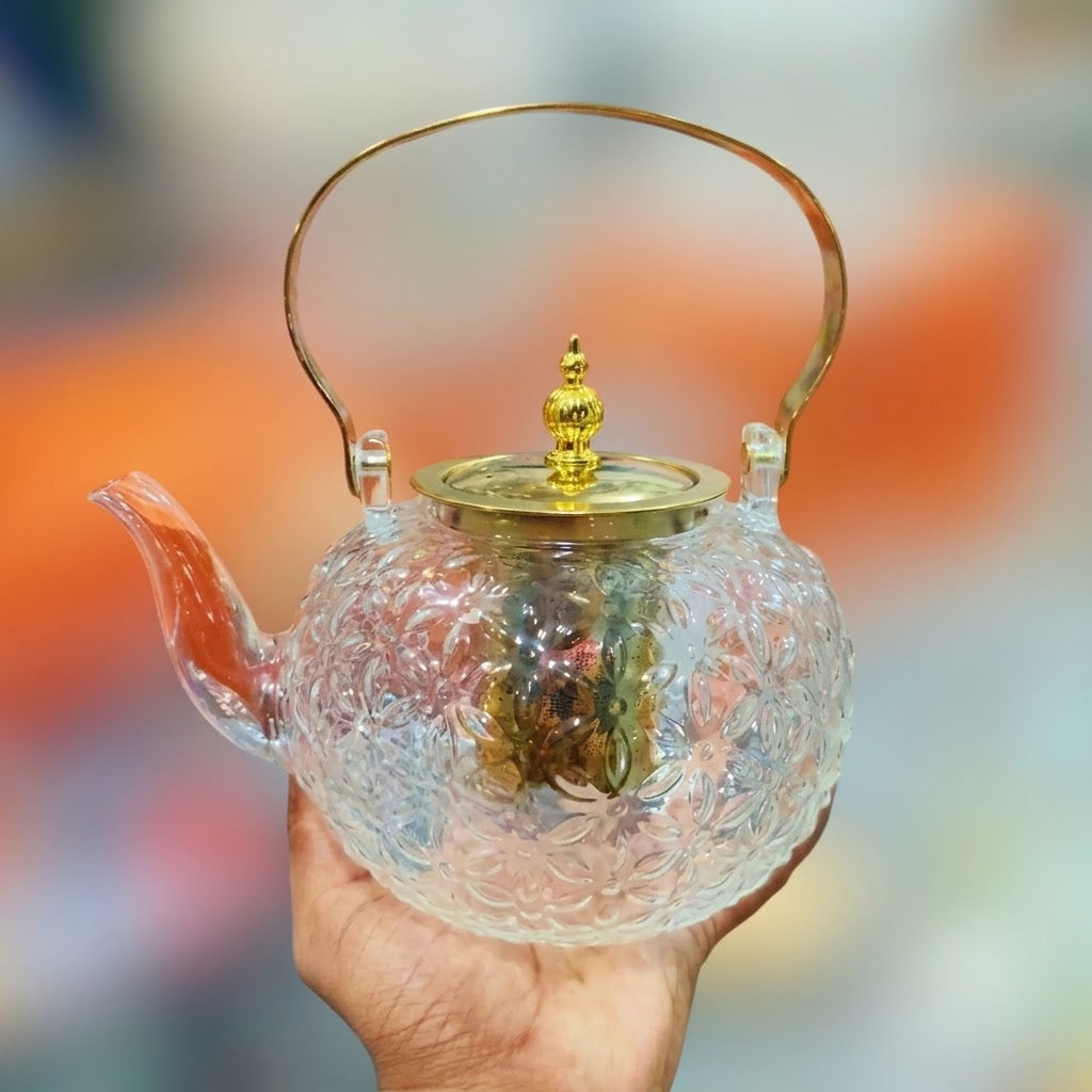 Embossed Borosilicate Glass Tea Kettle – Heat Resistant &amp; Fire Proof with Stainless Steel Infuser 🔥☀️