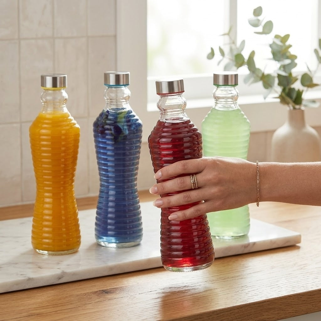 Premium Transparent Curved Glass Bottle With Stainless Steel Spiral Lid – Perfect for Water, Juice &amp; Milk Storage 🍋🌊🍒