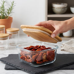 Square Shape Borosilicate Glass Bowl Set with Bamboo Wooden Lid – Premium Storage Meets Elegant Kitchen Style! 🌿✨