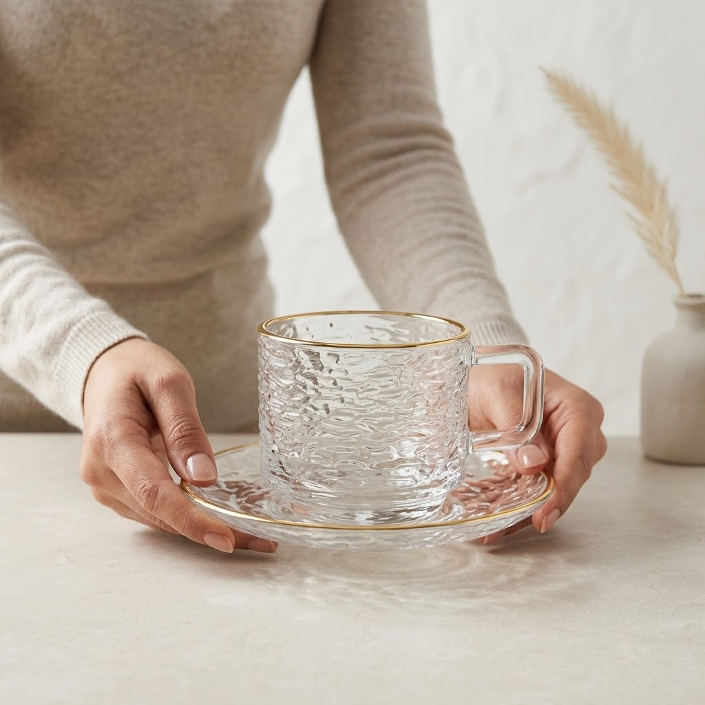 Glacier Premium Tea Cup Set – Crystal Clear Elegance with Golden Rim 🪷✨