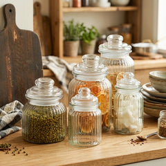 STRIPED GLASS STORAGE JAR WITH AIRTIGHT GLASS LID