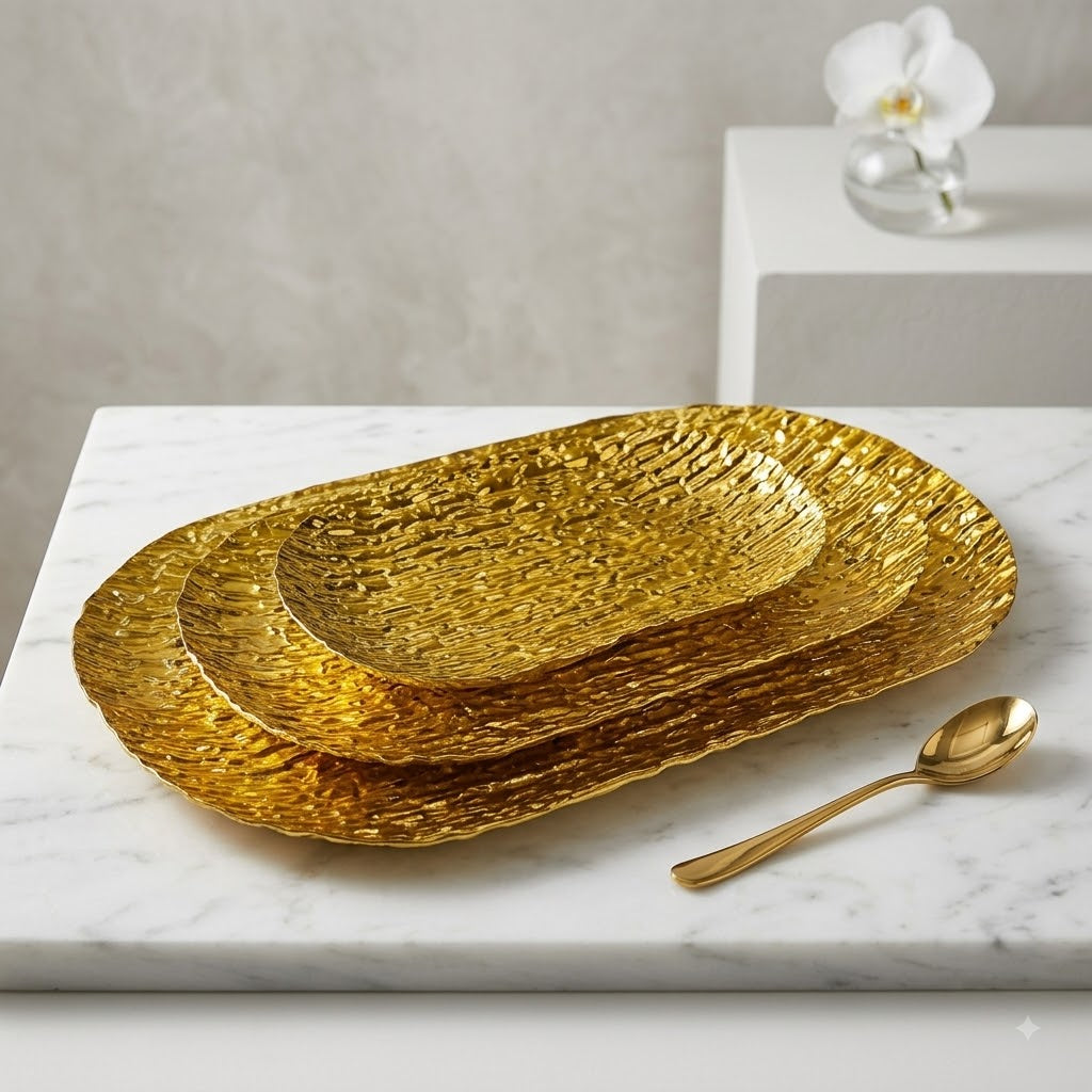 Luxury Golden Metallic 3pc Oval Serving Tray Set with Unique Uneven Design – Perfect for Stylish Serving, Home Décoration & Elegant Guest Entertaining 💛🍰