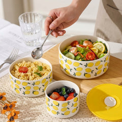 Premium Ceramic Deep Bowl Set with Plastic Lid – 3pcs 🍣🍥🌸