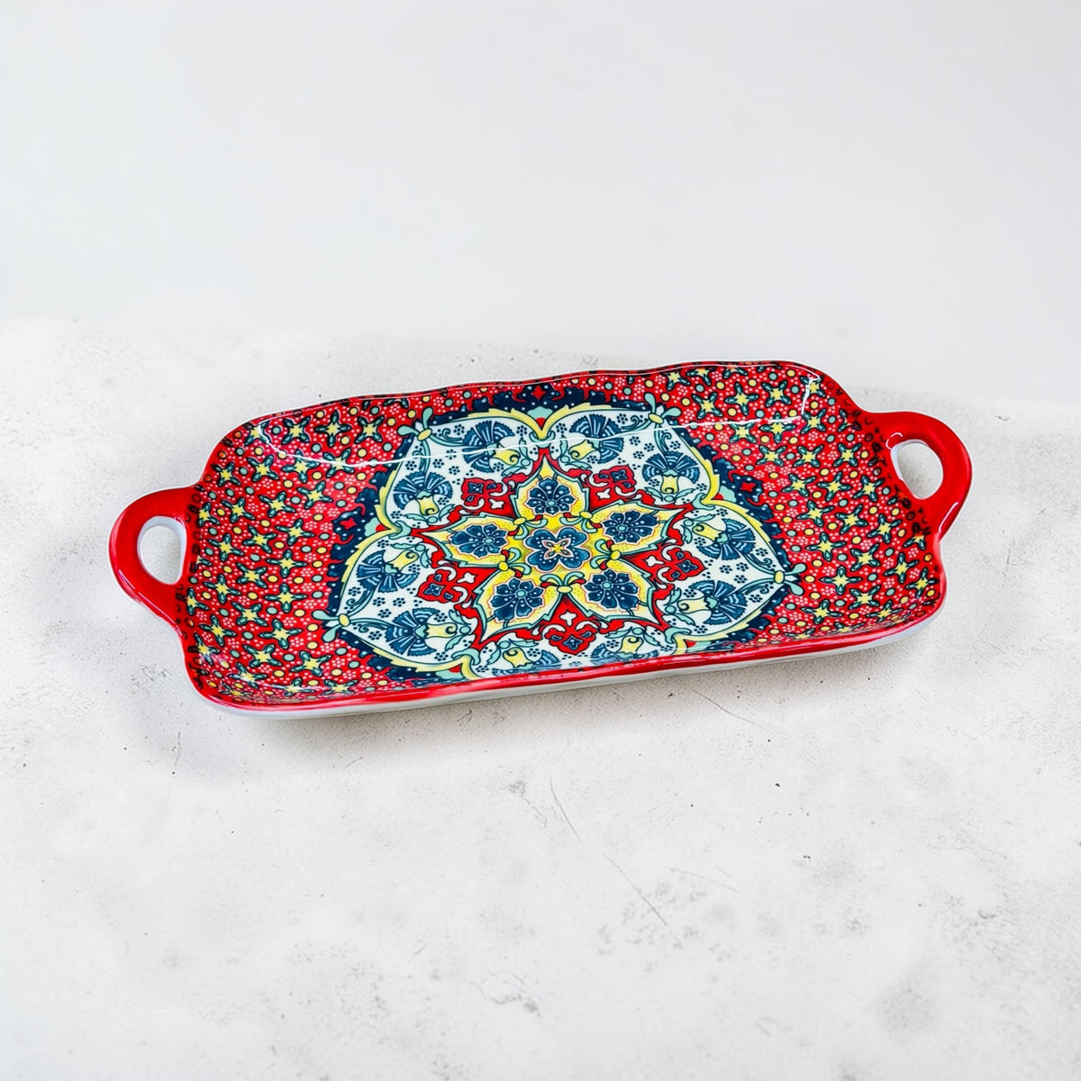 Bohemian style ceramic fish dish with handle: 12.8-inch rectangular dining table tray, suitable for microwave and oven