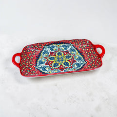 Bohemian style ceramic fish dish with handle: 12.8-inch rectangular dining table tray, suitable for microwave and oven