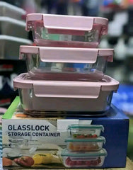 3pc Airtight Glass Food Container set with Pink Color Lid