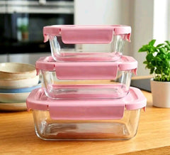 3pc Airtight Glass Food Container set with Pink Color Lid