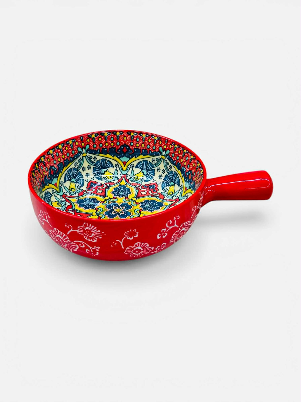 Bohemian Ceramic Hand-Painted Embossed Patterned Salad Bowl with Handle Kitchen Bakeware Microwave & Oven Safe 1 pc