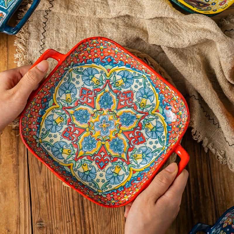 Bohemian style salad plate with double ear ceramic pasta dish, can be used for oven, microwave