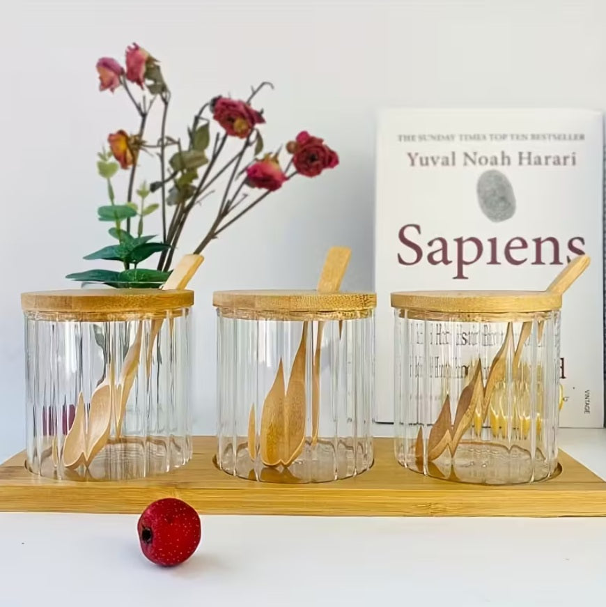 3pcs Fashion Condiment Jar Set, Storage Food, Decorative Storage Seasoning Glass Container Box, High Borosilicate Glass Jar with Bamboo Spoon Lid and Base for Home Kitchen