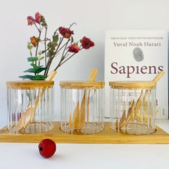 3pcs Fashion Condiment Jar Set, Storage Food, Decorative Storage Seasoning Glass Container Box, High Borosilicate Glass Jar with Bamboo Spoon Lid and Base for Home Kitchen
